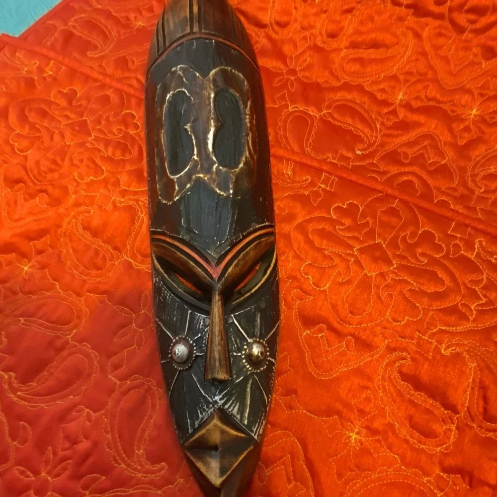 African Tribal Style Wall Face Mask Hand Carved‎ Wood Metal Clad Face Etching
